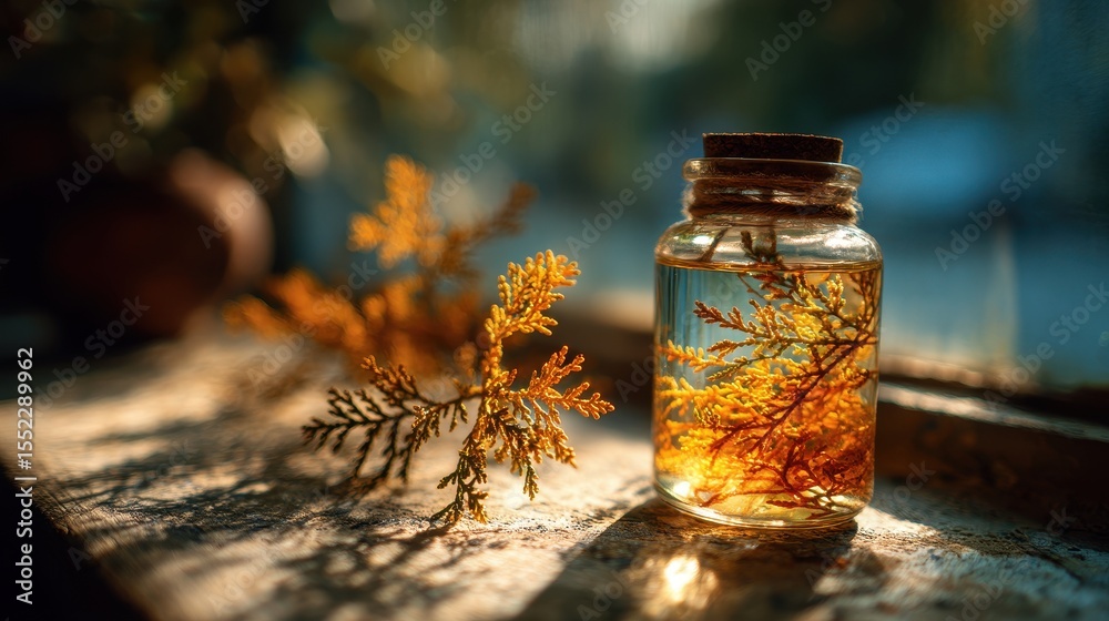 Poster Sunlight Streams Through Window onto Wall, Casting Shadow of Evergreen Branch in Glass Jar Next to Yellow Cloth