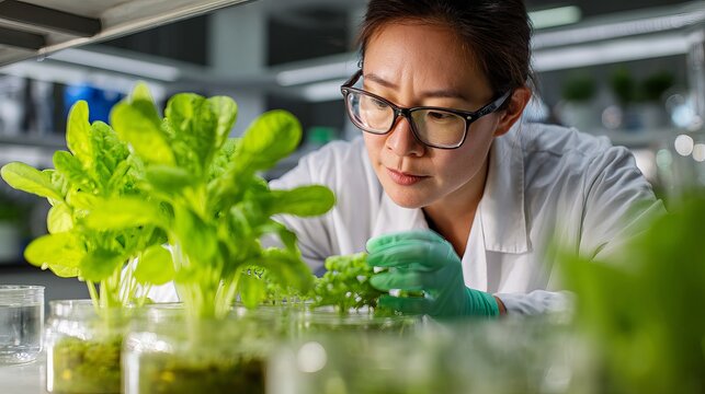 Scientist Examining Green Leafy Plants in Lab Hydroponics Research Agriculture Biotechnology Botany Science Experimentation Growing Plants Indoor Farming Sustainable Food          
