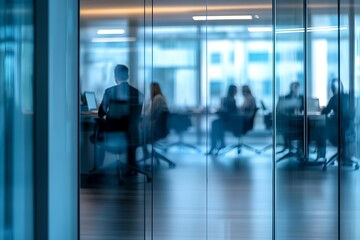 Blurred background of a bright, modern office interior with people working  