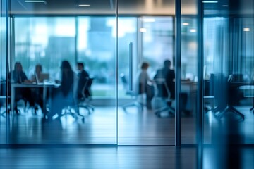 Blurred background of a bright, modern office interior with people working  