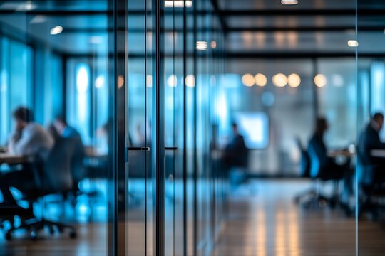 Blurred background of a bright, modern office interior with people working  