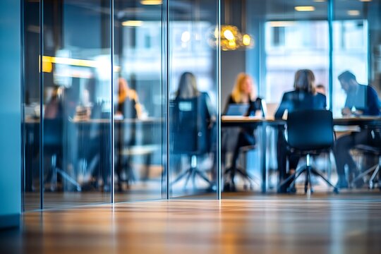Blurred background of a bright, modern office interior with people working  