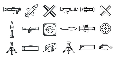 Collection of military weapons and equipment, including a rifle, a rocket, and a camera. Concept of war and conflict, with the various weapons and equipment representing the tools of destruction