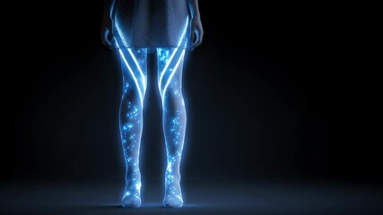 Glowing blue futuristic network expanding through female legs, mapping intricate circulatory pathways from feet upward against dark background, visualizing biological innovation - Powered by Adobe