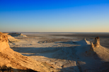 Beautiful Mangystau landscape, Kazakhstan. Ak Orpa pinnacles view, Bozzhira valley