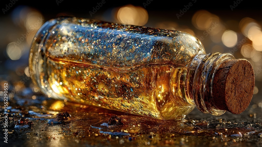 Aufkleber Glittering Elixir In glass bottle with Cork stopper On a dark, Textured Surface with shimmering particles and a blurred background creating a magical ambiance