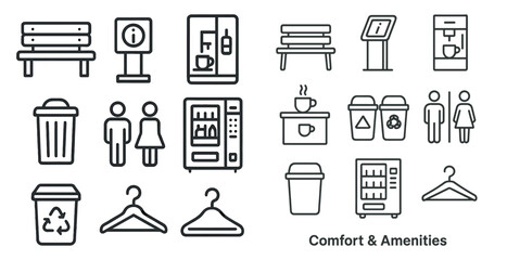 Collection of icons for a hotel or motel. The icons include a trash can, a vending machine, a bench, a coffee maker, a refrigerator, a sign, a person, and a woman