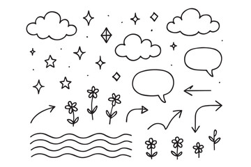 Obraz premium Hand drawn clouds, stars, arrows, and flowers, perfect for whimsical and nature inspired designs with speech bubbles for communication, graphics icon set