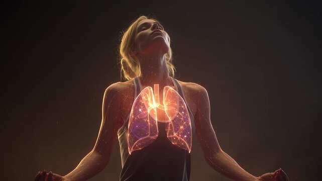 Serene female performing pranayama breathing technique, deeply inhaling and exhaling with visible lung movement, cultivating inner calm and mindful respiratory awareness