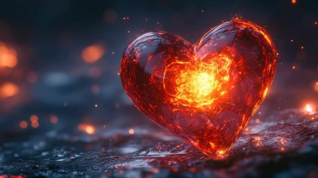 Fiery molten heart glowing with heat, surrounded by sparks and lava, set on a dark atmospheric background, symbolizing passion and energy