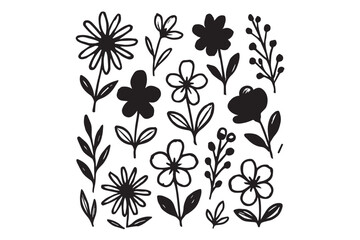 Elegant black and white flower doodles with leaves, hand drawn botanical elements for creative projects, graphics icon set