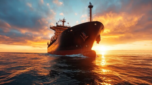 A majestic cargo ship navigates the tranquil waters during a dramatic sunset, casting long shadows and reflections on the ocean’s surface amidst vibrant colors. - Powered by Adobe