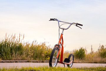 Kick scooter standing on the edge of an asphalt road.