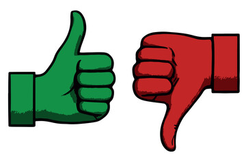 Illustration of green thumbs up and red thumbs down icons, symbolizing approval and disapproval, positive and negative feedback, graphics icon set