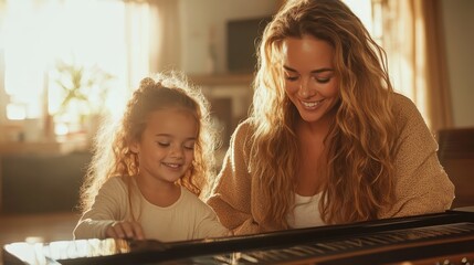 A heartwarming moment between a mother and her daughter as they smile and play the piano together, showcasing love, music, and bonding in a cozy home setting.
