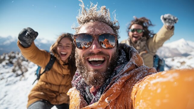 Three joyous friends pose for a vibrant selfie in a winter wonderland, capturing the essence of adventure, friendship, and the euphoric thrill of snowy escapades.