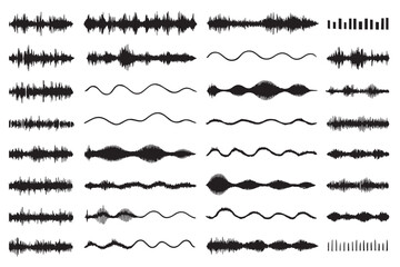 Set of various sound waves, audio waveforms, and frequency patterns, ideal for music, sound, and audio related designs, graphics icon set