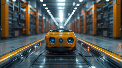 Autonomous robot navigating smart warehouse aisle. Yellow logistics bot in high-tech automated facility. Ideal for AI, robotics, and industrial automation themes.