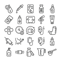 Line Art Icons Representing Various Medical Treatments and Healthcare Related Items