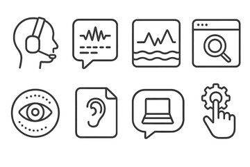 Digital Inclusion Icons. Line style icons of digital inclusion: assistive technology icon, speech-to-text tag, haptic feedback