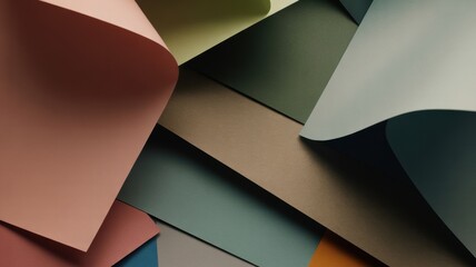 Abstract composition of overlapping colorful paper sheets in soft lighting
