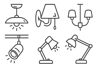 Obraz premium Lighting Equipment Icons. Line style icons of lighting equipment: ceiling light, table lamp, wall sconce, chandelier. spotlight,