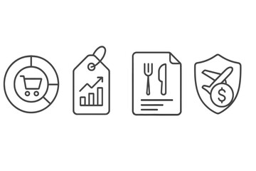 Mobile Banking Icons. Line style icons of mobile banking solutions: spending category icon, shopping tag chart, dining file panel,