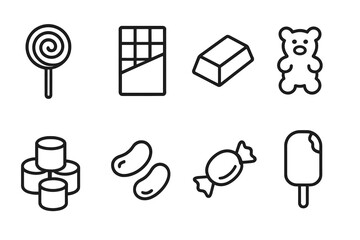 Sweet Treat Icons. Line style icons of sweets and treats: lollipop, candy bar, chocolate piece, gummy bears. marshmallows, jelly