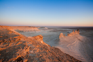 Stunning Mangystau landscape, Kazakhstan. Ak Orpa pinnacles view, Bozzhira valley