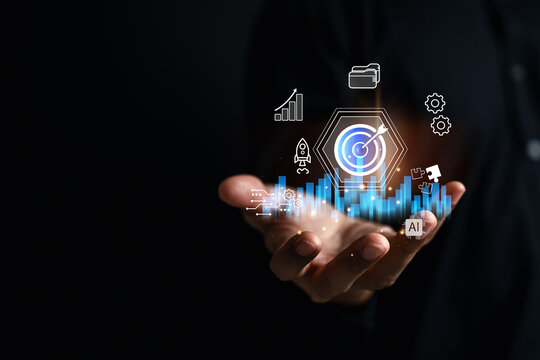 Business strategy of target, goal, growth chart, AI, and data analytics. Perfect for marketing, planning, corporate success, and digital transformation.