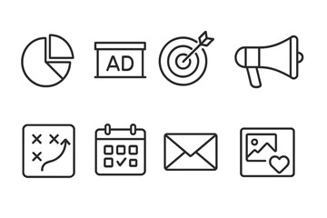 Marketing Career Icons. Line style icons of marketing careers: pie chart, ad banner, target board, megaphone. strategy plan,