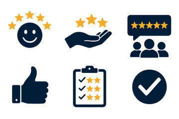 Icons for customer satisfaction, reviews, and feedback 5 star ratings, hand gestures, checklists, and group reviews graphics icon set
