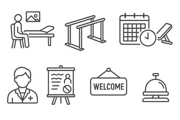 Rehabilitation Center Icons. Line style icons of rehabilitation center: therapy room, exercise station, rehab schedule, gym bench.