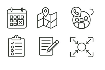 Community Coordination Icons. Line style icons of community coordination: event calendar, local map, group call, project tracker.