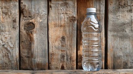 Clear plastic water bottle against weathered wooden planks