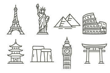 Iconic Global Landmarks. Line style icons of tourist attractions: Eiffel Tower, Statue of Liberty, pyramids, colosseum. pagoda,