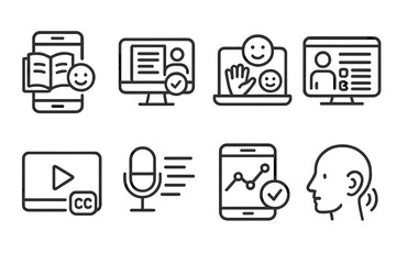 Inclusive Digital Tools Icons. Line style icons of inclusive digital tools: learning app, online IEP, inclusive e-learning,