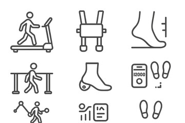 Gait Training Icons. Line style icons of gait training: treadmill, gait harness, stride tracker, parallel bars. foot sensor, step