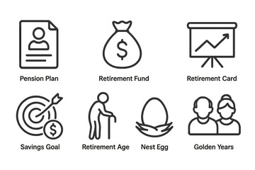 Retirement Savings Icons. Line style icons of retirement and savings: pension plan, retirement fund, retirement card, annuity