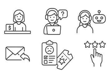 Customer Service Icons. Line style icons of customer service: bank teller, help desk, call center, chatbot. email reply, complaint
