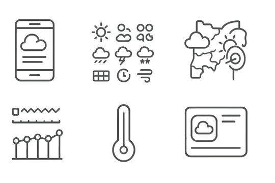 Weather App Elements. Line style icons of weather app elements: forecast screen, weather icon pack, weekly forecast, location