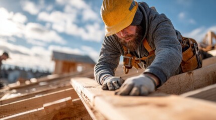 Carpenter building a wood frame roof with power drill under the sunny sky in daytime at a construction site