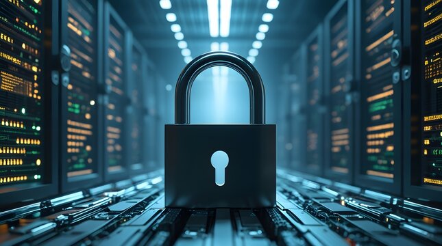 Data Fortress: A digital padlock shields a server room, representing cyber security, information protection, and network safety.