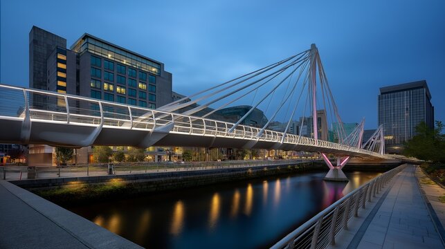 Twilight urban river reflects illuminated pedestrian bridge design. AI generated - Powered by Adobe