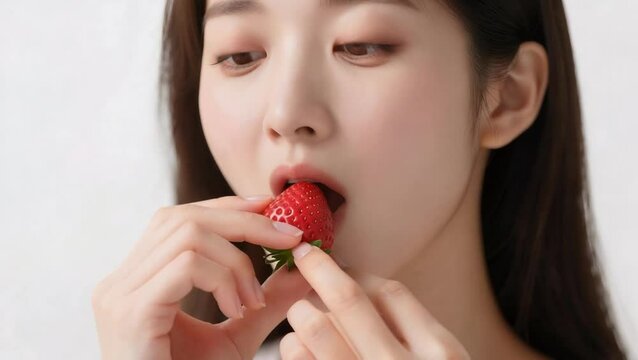 Hermosa joven japonesa sosteniendo delicadamente una frutilla entre sus dedos 