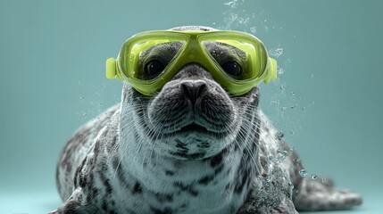 Seal With Dive Mask: An adorable seal, sporting a green dive mask, playfully gazes towards the viewer against a tranquil backdrop, evoking feelings of underwater adventures.