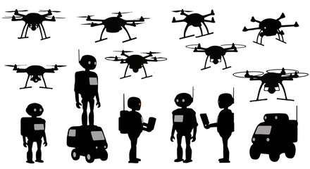 Robotics and drones are featured in a silhouette style, illustrating automated systems for future technology and innovation.