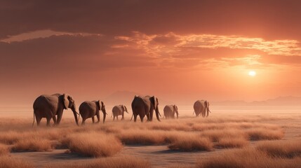 Obraz premium African Elephants at Sunset in Serengeti-like Savanna