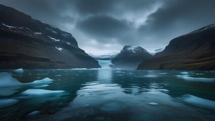 Glacial Landscape: A breathtaking glacial landscape features majestic mountains reflected in tranquil, icy waters beneath a dramatic sky, showcasing the raw beauty and power of nature.