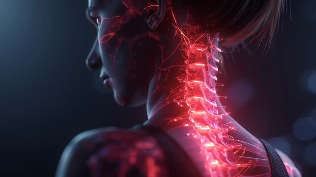 Neural network visualization highlighting woman's spinal anatomy with glowing red nervous system coursing through vertebrae, revealing intricate connections of central nervous system